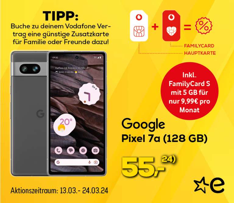 Lokal NRW, Vodafone Bestandskunden: Google Pixel 7a im Allnet/SMS Flat 5GB 5G für 9,99€/Monat, 0€ AG, 55€ Zuzahlung