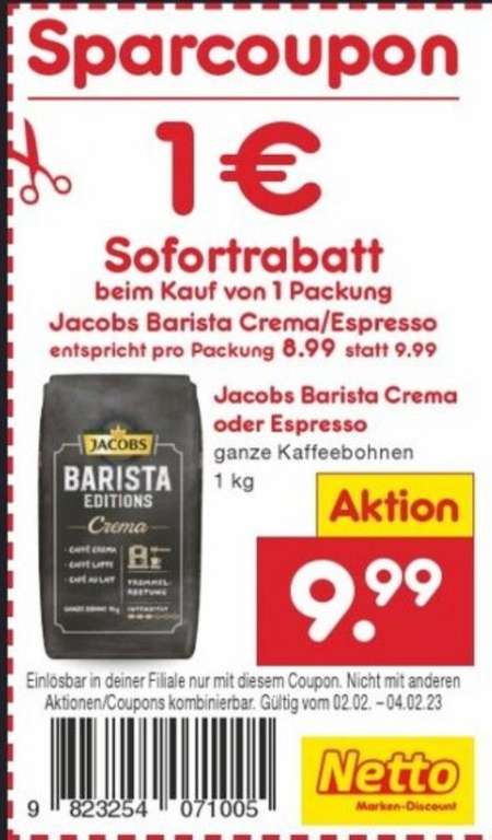 [Netto MD] Jacobs Barista Crema & Espresso 1 kg ganze Kaffeebohnen (Angebot + Coupon)