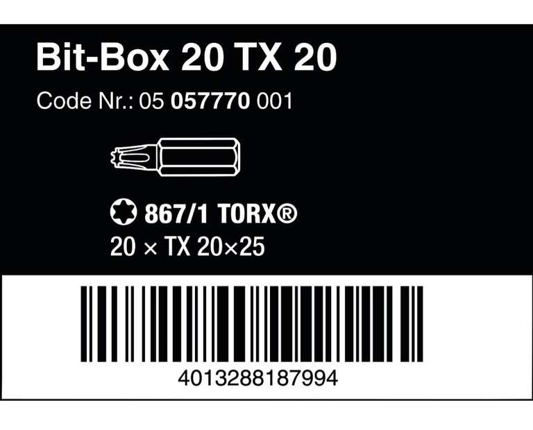 Wera 05057770001 Bit-Sortiment, Bit-Box 20 TX 20, 20-teilig, PRIME