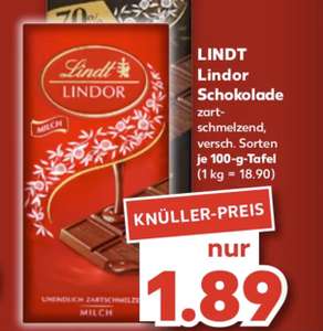 [Kaufland] Lindt Lindor Schokolade 100g Tafel verschiedene Sorten für 1,89€