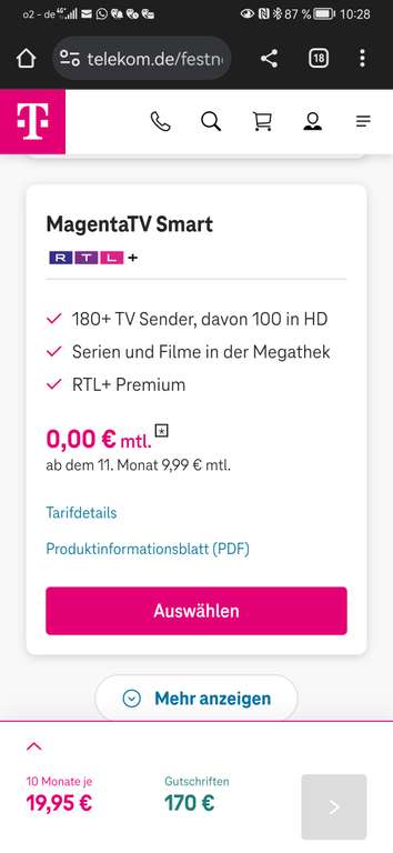 Telekom DSL 10 statt 6 Monate lang 19,95€/Monat, MagentaTV Smart 10 Monate kostenlos