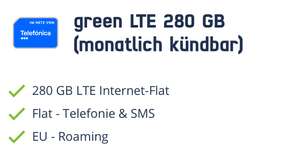 Freenet Telefonica green LTE 280 GB (monatlich kündbar) RABATT AUF LEBENSZEIT: JEDEN MONAT 28 € SPAREN