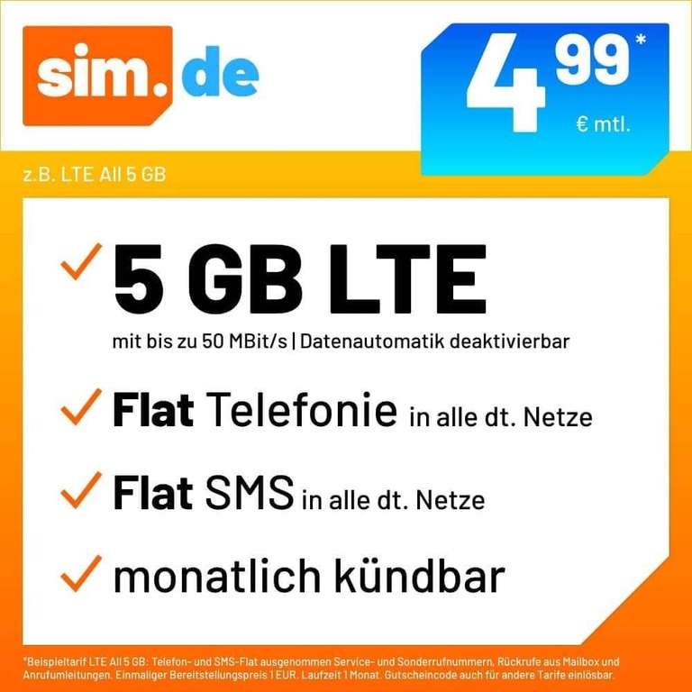 [Amazon] Sim.de 20GB LTE+Allnet+SMS-Flat+VoLTE&WLAN Call für 9,99€ / mtl kündbar / nur 4,50€ Anschlussgebühr | 5GB für 4,99€ mit 4,51€ AG