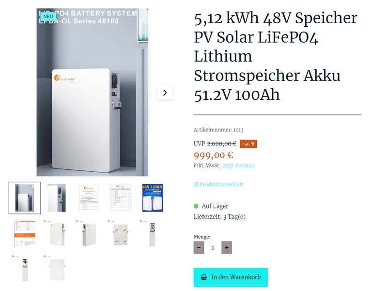 Felicity Solar 5,12 kWh 48V Speicher PV Solar LiFePO4 Lithium Stromspeicher Akku 51.2V 100Ah (Abholung in 39576 Stendal oder + 80€ Versand)