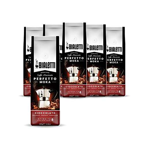 Bialetti Perfetto Moka Cioccolato: Gemahlener Kaffee mit mittlerer Röstung, Schokoladenaroma, 250g x 6 (12,42€/KG) [Prime Spar-Abo]