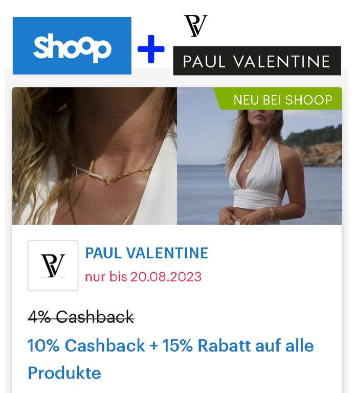 [Paul Valentine + Shoop] 10 % Cashback + 15 % Rabatt auf alle Produkte; Versand 3,90 €, kostenloser Versand ab 80,- €, 30 Tage Rückgaberecht