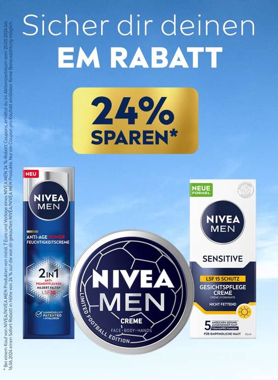 24% Rabatt auf Nivea / Nivea Men Produkte im Wert von mindestens 7€ bei dm, Rossmann, Müller, Budni, REWE, Edeka etc.