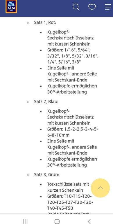 Aldi Süd Salmünster/Hessen: verschiedene Sechskantschlüsselsätze z.B. Torx , noch zahlreich verfügbar