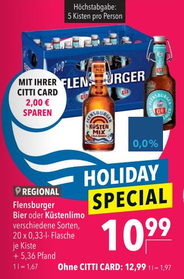 Flensburger Bier oder Küstenlimo; Kasten 20 x 0,33 Liter, verschied. Sorten, für 10,99 Euro [Citti Märkte KI, HL, FL / Markant] (SH/MV)