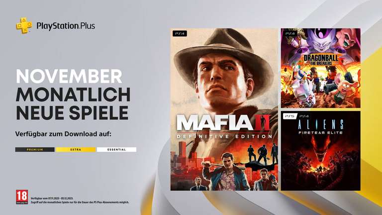 [PlayStation Plus Nov.] Mafia II DE | Aliens Fireteam Elite | Dragon Ball: The Breakers | PS+ Extra z.B. Dead Island: Riptide DE