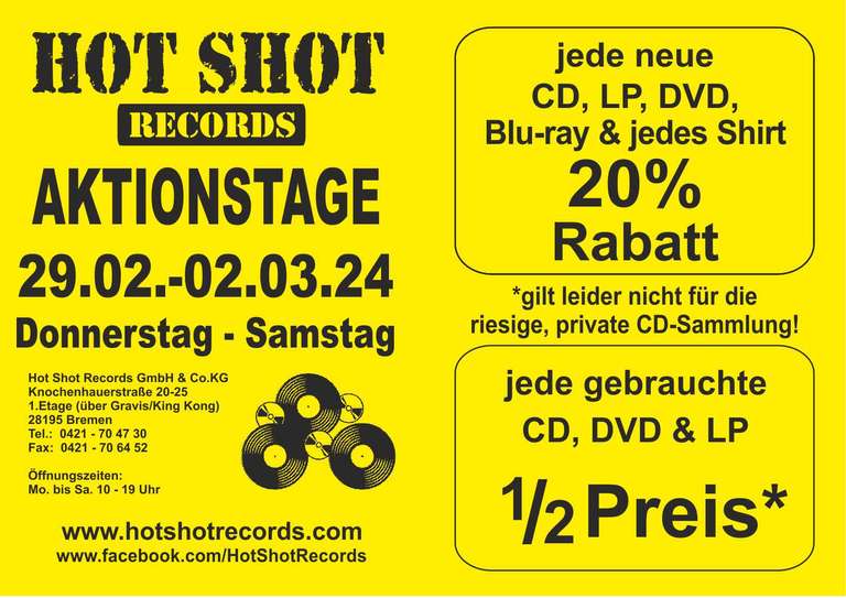 [Bremen] Hot shot records 20-50% Rabatt auf Medien vom 29.2.-02.03.