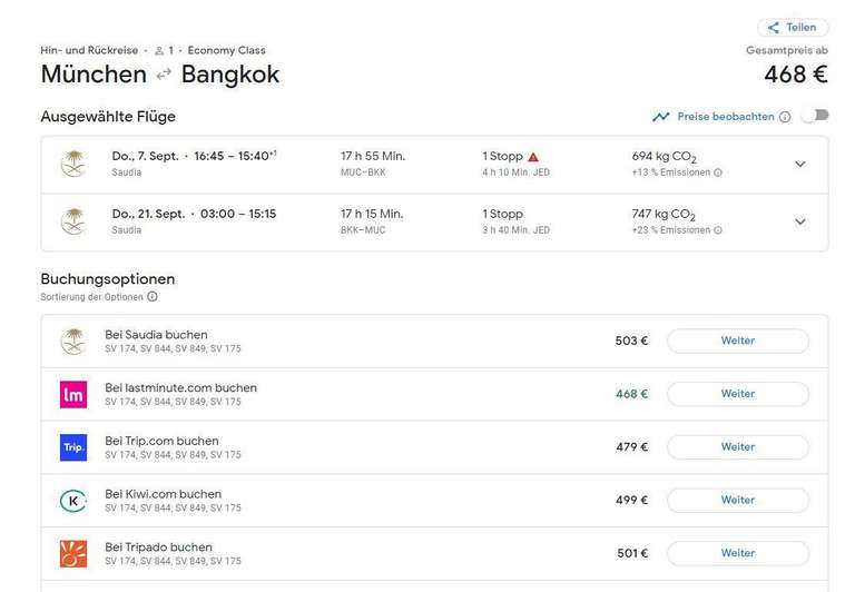 Flüge: Bangkok (BKK), Thailand - Hin- und Rückflug mit Saudia Airlines ab München (MUC) inkl. Gepäck - Sept.-Dez.'23, Weihnachten/Neujahr'24
