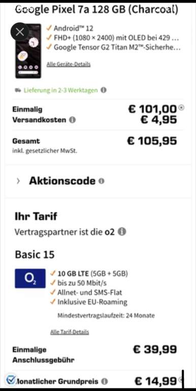 Google Pixel 7a 1€ o2 Basic 15 Saturn Tarifwelt Minus Gerätewert Trade in 14,99€