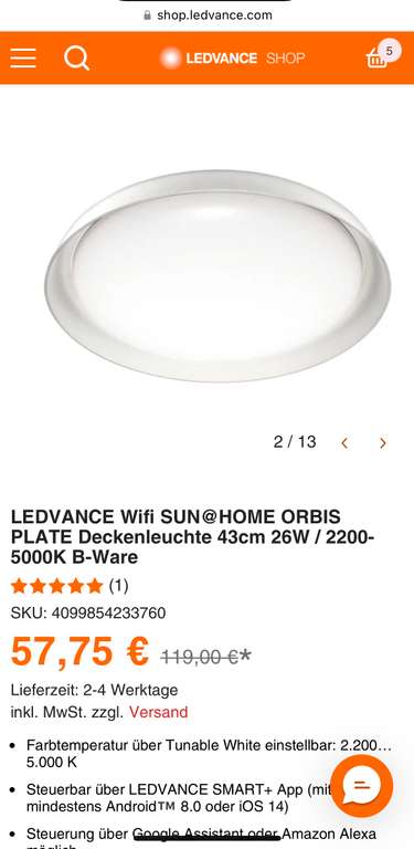 [B-Ware] LEDVANCE Wifi SUN@HOME Deckenleuchte 43cm 26W Neupreis: 72,47€