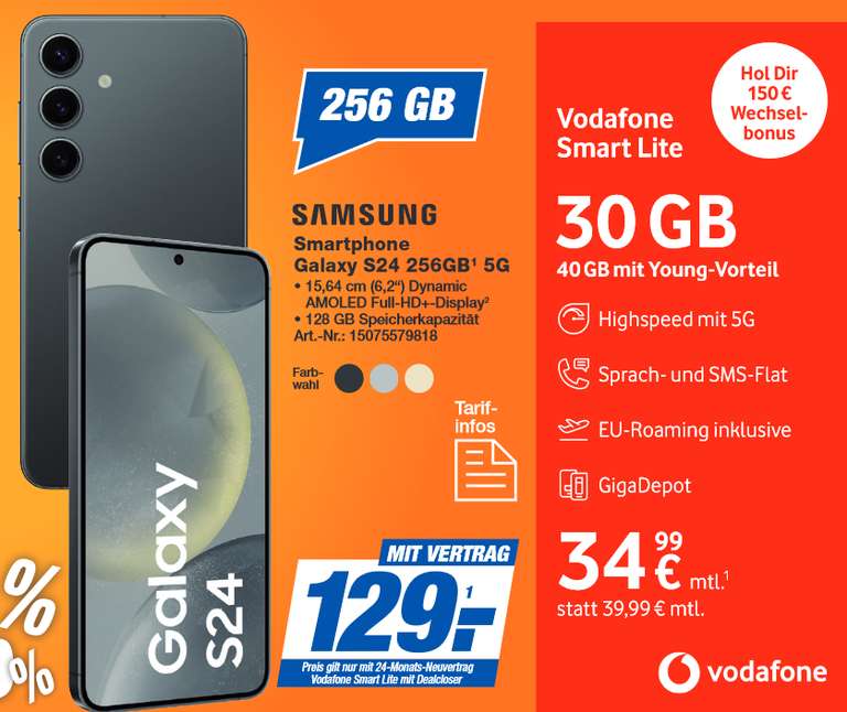 Lokal Bayern, Vodafone Netz GigaKombi: Samsung Galaxy S24 256GB im Allnet/SMS Flat 45GB 5G 29,99€/Monat, 129€ Zuzahlung, 150€ Wechselbonus