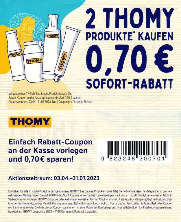 0,70€ Rabatt Coupon für den Kauf von 2x Thomy Produkten nach Wahl bis 31.07.2023