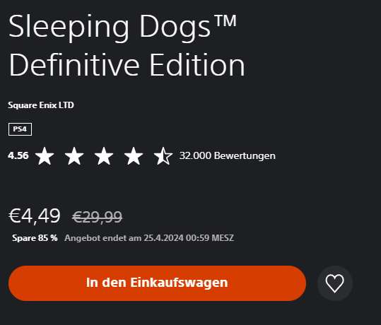 [Playstation Store] Sleeping Dogs Definitive Edition - PS4 / PS5 auch spielbar - AT Store