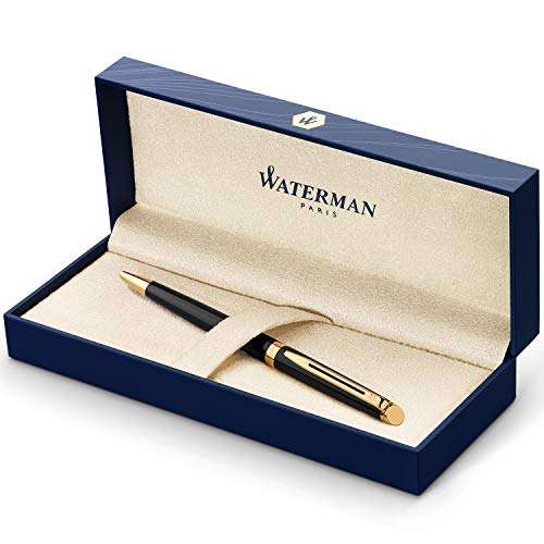 [Prime] Waterman Hémisphère Kugelschreiber | Hochglänzend Schwarz m. Zierteile aus 23 K Gold, Mittlere Spitze, Blaue Tinte, Geschenkbox