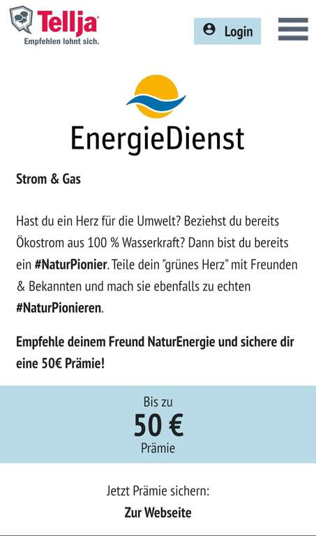 50€ KwK Tellja / Strom Energiedienst / NaturEnergie Energie 12 Südbaden, Südschwarzwald Kreise LÖ, WT, FR, VS (Schwarzwald-Baar), PLZ 79...