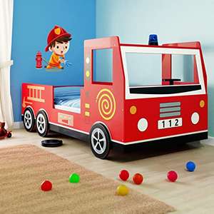 Feuerwehr-Auto Kinderbett 90x200cm mit Rausfallschutz 3D Leuchte Sirene Lenkrad Feuerwehr | Amazon Prime | 20% Rabatt und Blitzangebot