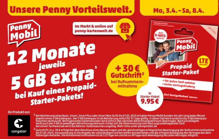 [Penny Mobil] 12 Monate jeweils 5 GB extra + 30 € Gutschrift bei Rufnummernmitnahme (Neukunden Prepaid)