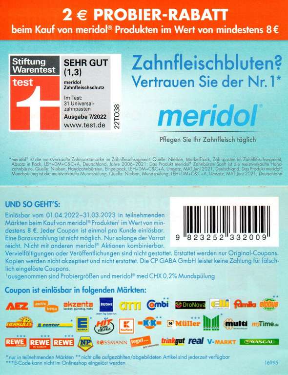 2€ Coupon für den Kauf von Meridol Produkten im Wert von mind. 8€ bis 31.03.2023