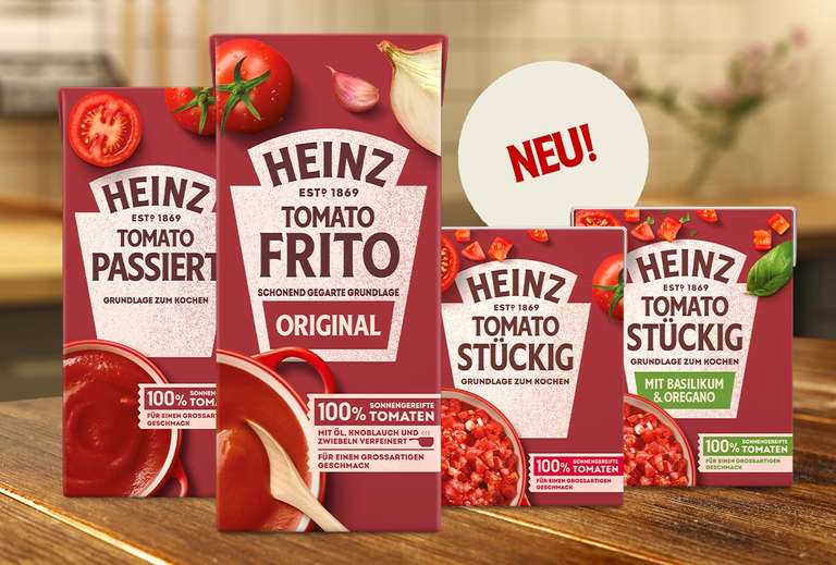 Heinz Tomato Stückig, Passiert oder Frito für ab 0,11 € je Packung (Angebot + Coupon) [Edeka Südwest, Rhein-Ruhr, Nord]