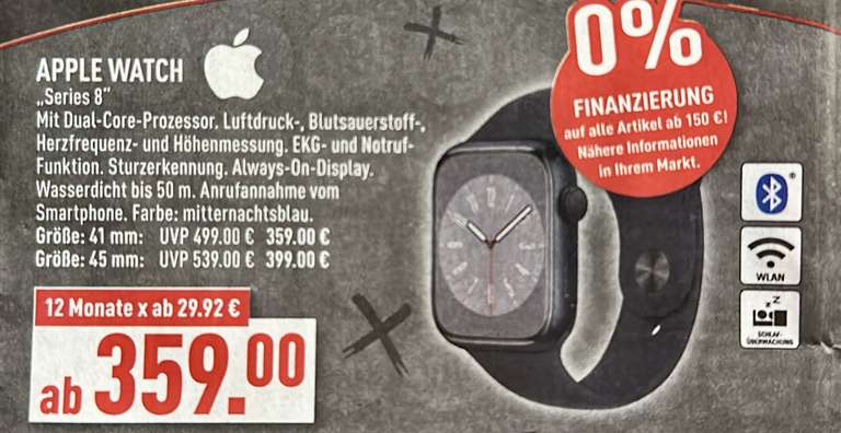 [Lokal Marktkauf Münster] 41mm / 45mm Apple Watch Series 8 (GPS) Aluminiumgehäuse + Sportarmband Midnight