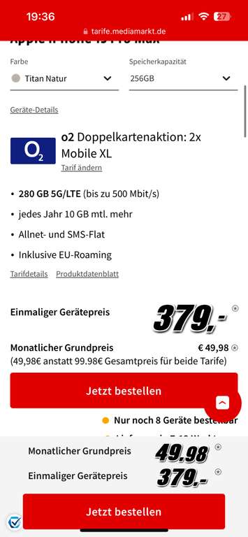 iPhone 15 Pro Max (O2 Partnerkarte 2x280gb)
