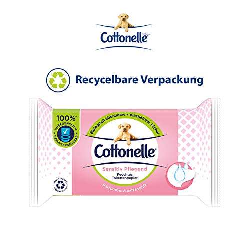 [PRIME/Sparabo] Cottonelle Feuchtes Toilettenpapier, Sensitive Pflegend - Biologisch Abbaubar, Plastikfrei - Vorteilspack 12x42 Feuchttücher
