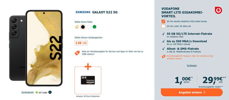 [GigaKombi] Samsung Galaxy S22 128GB & Vodafone Smart Lite (55GB) + 30,-€ Amazon Gutschein für 29,99€ mtl. + 1,-€ ZZ | ohne GK + 5,-€ mtl.