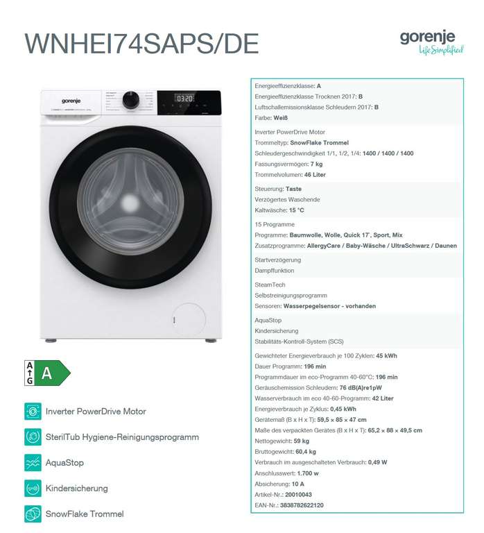 [Abholung POCO][Newsletter-Gutschein] Waschmaschine Gorenje WNHEI74SAPS/DE [A] Frontlader - 7 kg - Inverter - AquaStop - SteamTech
