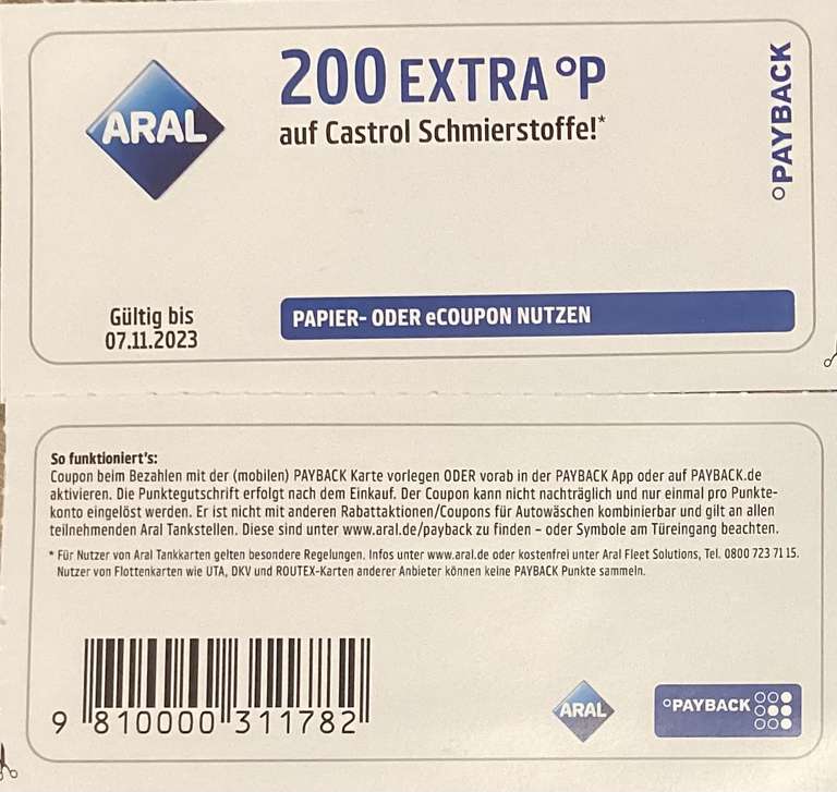 Aral Payback Coupons (z.B. 12Fach auf Kraftstoffe, 300 Extra P auf Payback Pay)