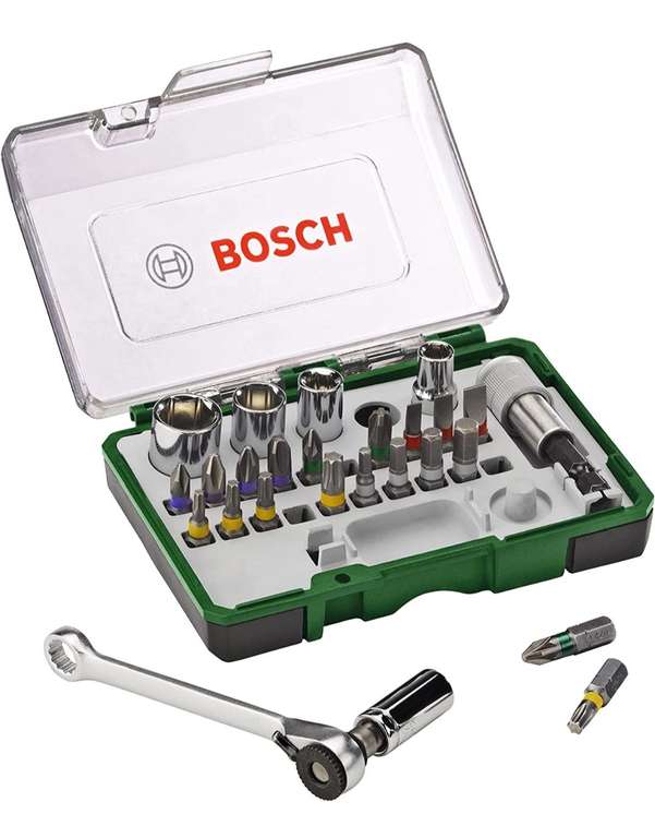 Bosch 27tlg. Schrauberbit und Ratschen-Set (PH-, PZ-, Hex-, T-, S-Bit, Zubehör Bohrschrauber und Schraubendreher) PRIME