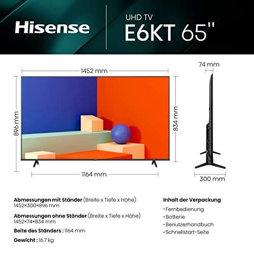 Hisense E6KT 65 Zoll für 499€ inklusive Versand 4K UHD, HDR, Dolby Vision, Triple Tuner DVB-C/S/ S2/ T/ T2, Smart-TV, Bluetooth, WiFi