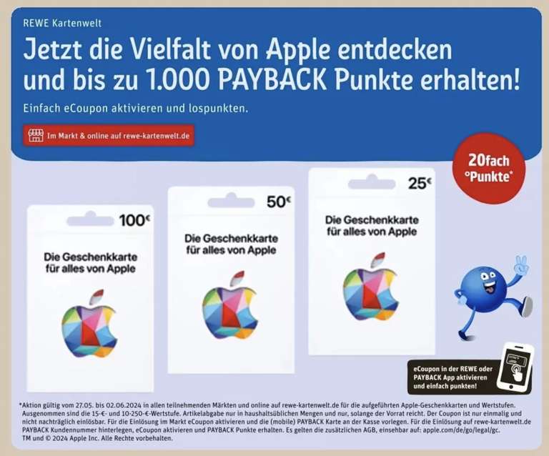 [REWE] 20-Fach Payback Punkte (10%) auf Apple Guthabenkarten | 27.05. bis 02.06.