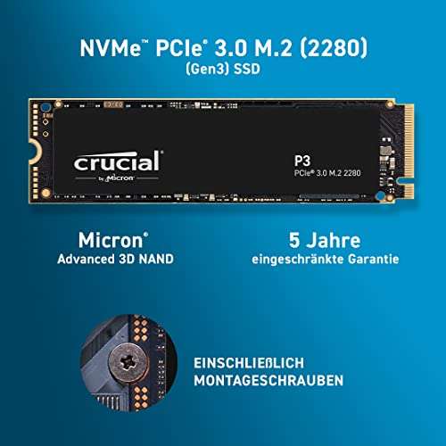 Crucial P3 500GB M.2 PCIe Gen3 NVMe Intern SSD, Bis zu 3500MB/s - CT500P3SSD8, PRIME