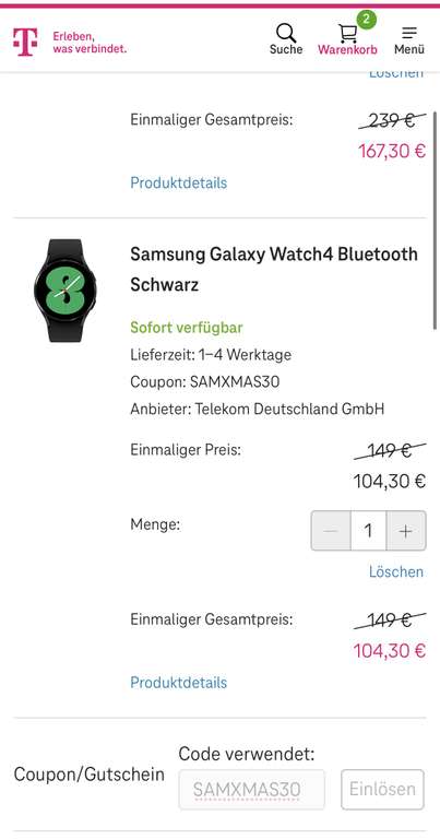 Samsung Watch4 für 104,30, LTE nur 167,3€