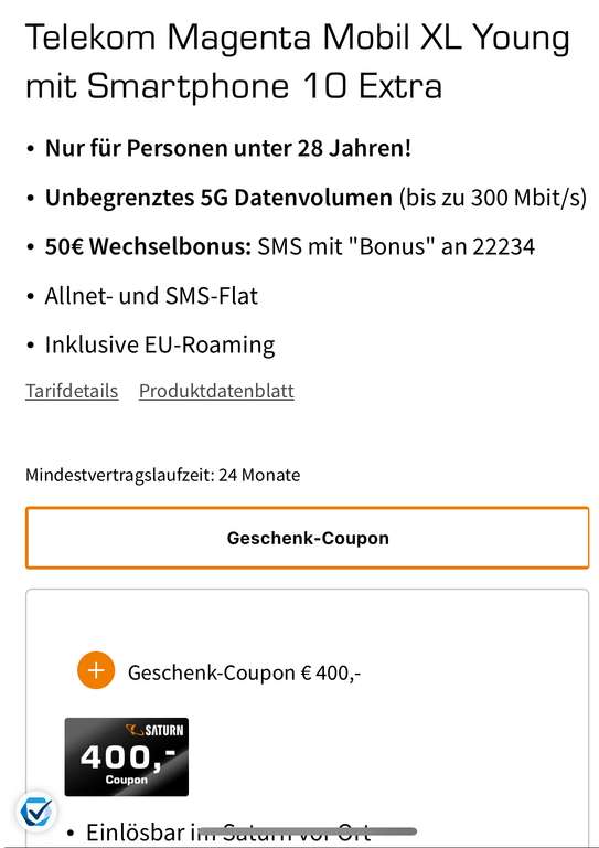 Freenet Telekom Magenta Mobil XL Unlimited Young Saturn Tarifwelt 400€ Saturn Geschenk Coupon