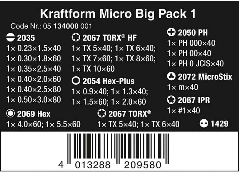 Wera 05134000001 Kraftform Micro Big Pack 1 Schraubendrehersatz, 25-teilig, bei Amazon PRIME und Reidl