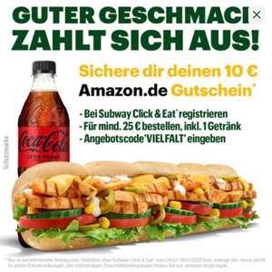 Gratis 10 EUR Amazon Gutschein bei Kauf von MBW 25 EUR bei Subway Click&Eat