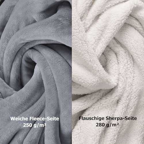 Tagesdecke Kuscheldecke 2-Seitig, Oberseite Fleece Unterseite Sherpa, Flauschig, Warm, Pflegeleicht, 220 x 240 cm