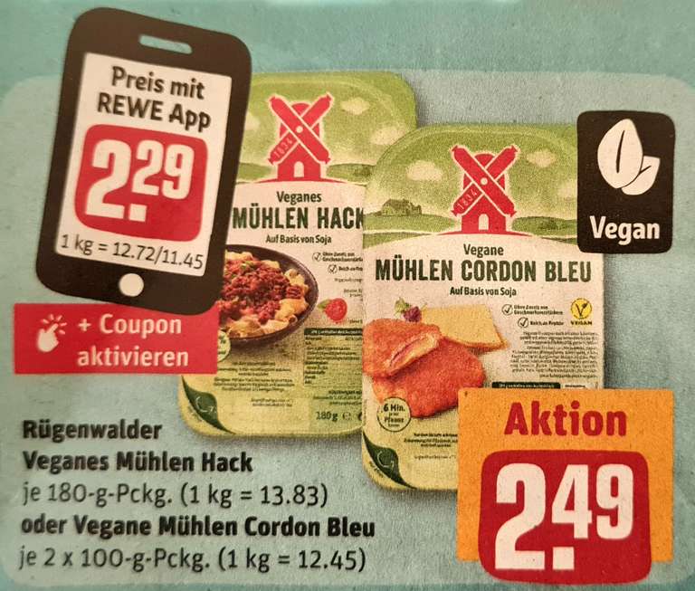 [Rewe App] Rügenwalder Veganes Mühlen Hack oder Cordon Bleu je 2,29 €, mit Cashback 1+1 Aktion rechnerisch 1,15 € je Packung. ab 09.01