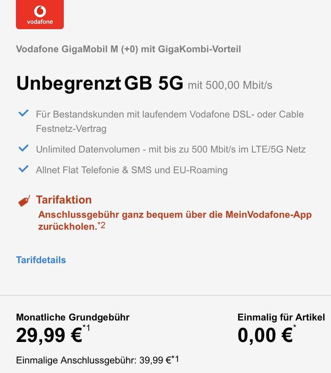[Nur Vodafone Kunden] GigaMobil M Unlimited Aktion +300€ Wunschgutschein, rechnerisch 17,49€/Monat