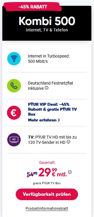 Pyur Vip Deal - Internet 500 Festnetzflat PYUR TV mit Android Box. Dauerhaft / 24 Monate Laufzeit / Preis mit Miete Modem einfach