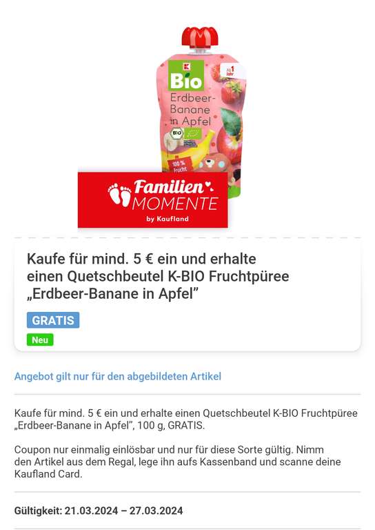 [Kaufland] App Familien Momente Coupon - Gratis Quetschbeutel 100g - ab 5 € MEW (personalisiert)