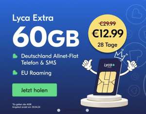 Lyca Extra 60 GB Allnet Flat (eSim verfügbar) die ersten 6 Monate für 12,99 Euro