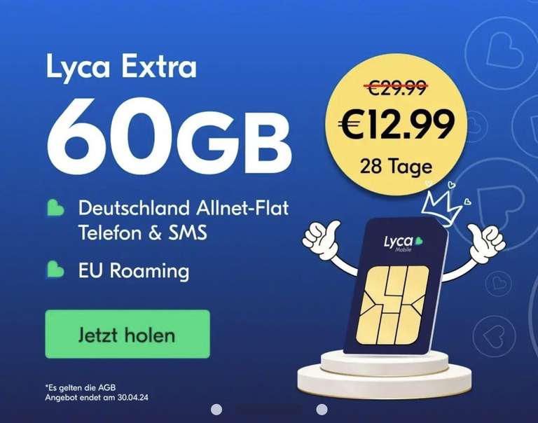 Lyca Extra 60 GB Allnet Flat (eSim verfügbar) die ersten 6 Monate für 12,99 Euro