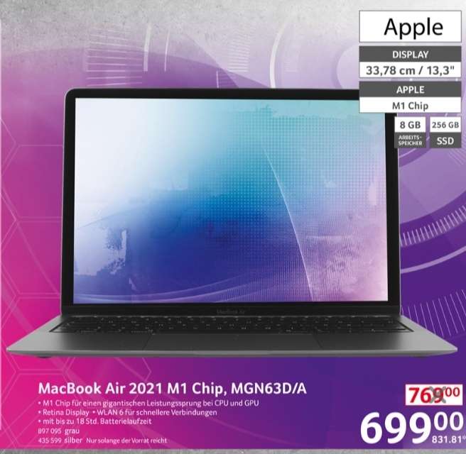 [Selgros] MacBook Air M1 - 699 EUR - 50 EUR CB + Mwst