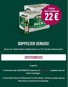 Zwei Kisten Beck's Unfiltered Bier 24x0,33l bei Flaschenpost für 22€ inkl. Lieferung mit dem Promocode 2KISTENBECKS